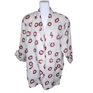 Vintage 80s Geometric Boyfriend Blazer Jacket Womens Size XL White Red Linen